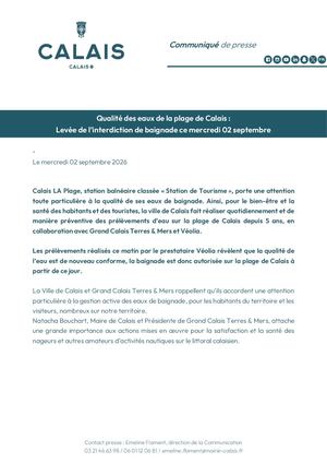 Cp Calais, Levée De L'interdiction Préventive De Baignade Sur La Plage De Calais 02 Septembre 2026