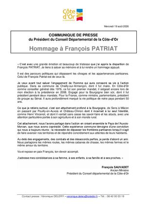 Décès François Patriat réaction du Président Sauvadet