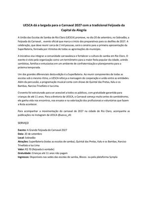 Uesca Dá A Largada Para O Carnaval 2027 Com A Tradicional Feijoada Da Capital Da Alegria