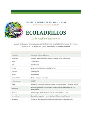 Proyecto Ecoladrillos Ie Bonanza Turbaco Original Septiembre 2026