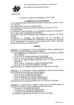 26 AT 1358 - Arrêté De Réglementation De La Circulation Et Du Stationnement, Rue Robert De Luzarches Et Autres à Amiens, Du 04 Au 09 09 2026, Publié Le 02 09 2026