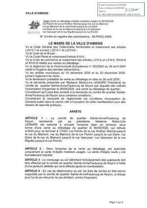 AR1 2026 01310 - Arrêté De Vente Au Déballage, Rue Pointin Et Autres à Amiens, Comité De Quartier Saint Anne, Le 06 09 2026