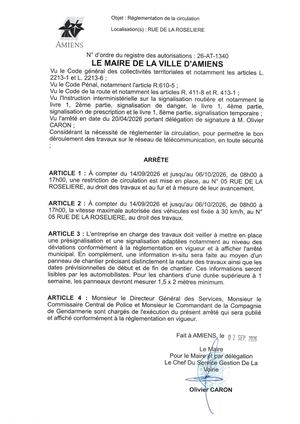 26 AT 1340 - Arrêté De Réglementation De La Circulation, Rue De La Roserliere à Amiens, Du 14 09 Au 06 10 2026, Publié Le 02 09 2026