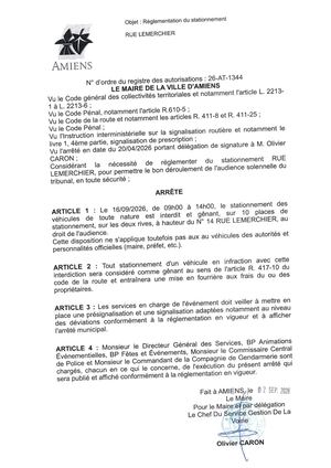 26 AT 1344 - Arrêté De Réglementation Du Stationnement, Rue Lemerchier à Amiens, Le 16 09 2026, Publié Le 02 09 2026