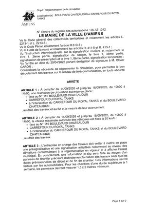 26 AT 1342 - Arrêté De Réglementation De La Circulation, Boulevard Chateaudun Et Autre à Amiens, Du 14 Au 18 09 2026, Publié Le 02 09 2026