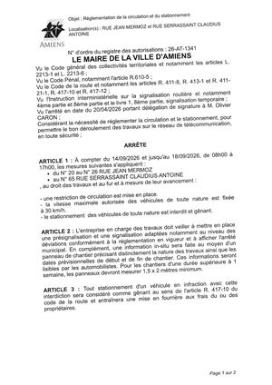 26 AT 1341 - Arrêté De Réglementation De La Circulation Et Du Stationnement, Rue Jean Mermoz Et Autre à Amiens, Du 14 Au 18 09 2026, Publié Le 02 09 2026