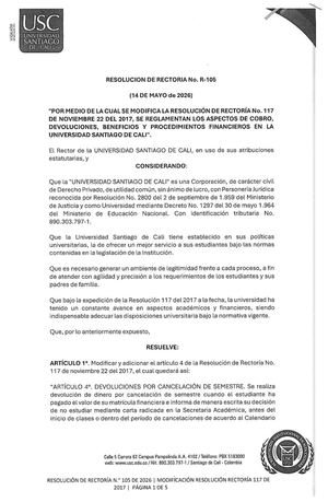 Resolución Rectoría No. 105 - Modificación Reglamentación Aspectos de Cobro, Devoluciones, Beneficios