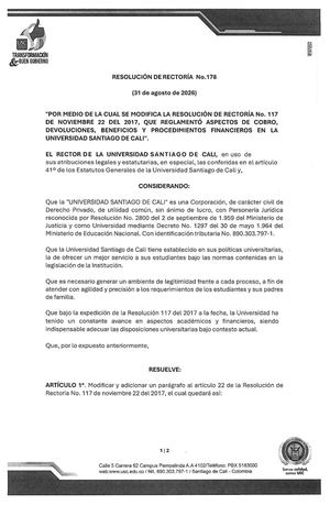 Resolución Rectoría No. 178 - Modificación Reglamentación Aspectos de Cobro, Devoluciones, Beneficios