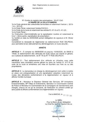 26 AT 1343 - Arrêté De Réglementation Du Stationnement, Rue Delpech à Amiens, Du 09 Au 15 09 2026, Publié Le 02 09 2026