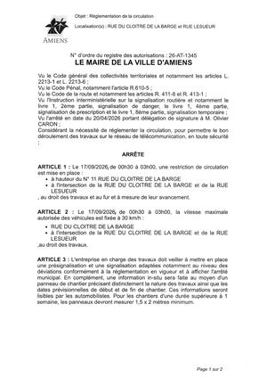 26 AT 1345 - Arrêté De Réglementation De La Circulation, Rue Lesueur Et Autre à Amiens, Le 17 09 2026, Publié Le 02 09 2026