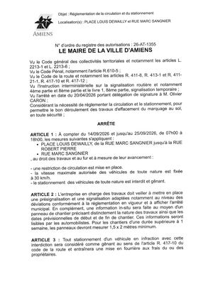 26 AT 1355 - Arrêté De Réglementation De La Circulation Et Du Stationnement, Rue Marc Sangnier Et Autre à Amiens, Du 14 Au 25 09 2026, Publié Le 02 09 2026