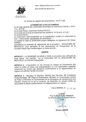 26 AT 1346 - Arrêté De Réglementation De La Circulation, Boulevard De Beauville à Amiens, Le 05 09 2026, Publié Le 02 09 2026