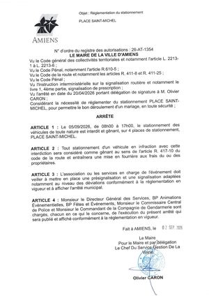26 AT 1354 - Arrêté De Réglementation Du Stationnement, Place Saint Michel à Amiens, Le 05 09 2026, Publié Le 02 09 2026