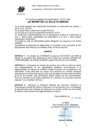 26 AT 1346 - Arrêté De Réglementation De La Circulation, Avenue De L'Hippodrome à Amiens, Du 21 09 Au 05 10 2026, Publié Le 02 09 2026