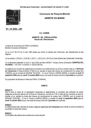 Arrêté Travaux 56 route de l'Aérodrome