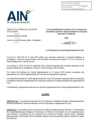 Arrêté Modificatif Des Membres De La Commission Consultative Paritaire Départementale Des Assistants Maternels Et Familiaux