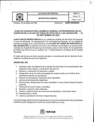 Convocatoria Asamblea Plaza de Toros Popayán 2026