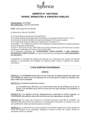 Arrete 1997-2026-Dechargement De Dechets 5 Rue Denfert Rochereau Le 07-09-2026-Publié Le 03 09 2026