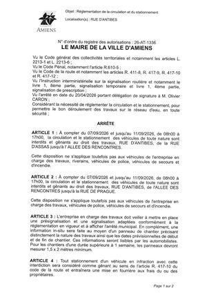 26 AT 1336 - Arrêté De Réglementation De La Circulation Et Du Stationnement, Rue D'Antibes à Amiens, Du 07 Au 11 09 2026, Publié Le 03 09 2026