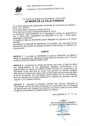 26 AT 1357 - Arrêté De Réglementation De La Circulation, Rue Louis Antoine De Saint Just à Amiens, Du  28 Au 29 09 2026, Publié Le 03 09 2026
