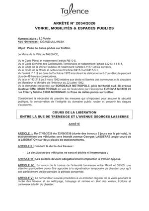 Arrete 2034-2026-Pose De Alles Podos Sur Trottoir Cours De La Liberation Du 07 Au 22-09-2026-Publié Le 03 09 2026