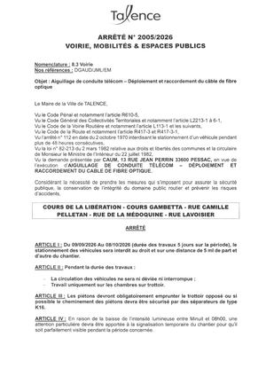 Arrete 2005-2026-Aiguillage Conduite Telecom Diverses Rues Du 09-09 Au 08-10-2026-Publié Le 03 09 2026
