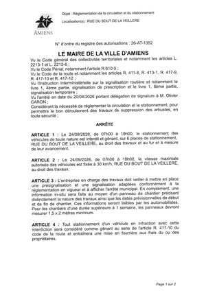 26 AT 1352 - Arrêté De Réglementation De La Circulation Et Du Stationnement, Rue Du Bout De La Veillere à Amiens, Le 24 09 2026, Publié Le 03 09 2026