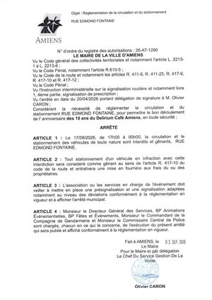 26 AT 1290 - Arrêté De Réglementation De La Circulation Et Du Stationnement, Rue Edmond Fontaine à Amiens, Le 17 09 2026, Publié Le 03 09 2026