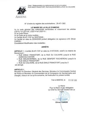 26 AT 1362 - Arrêté D'abrogation De Réglementation De La Circulation Et Du Stationnement, Rue Malesherbes Et Autres à Amiens, 26 AT 1197, Publié Le 03 09 2026