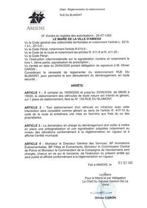 26 AT 1350 - Arrêté De Réglementation Du Stationnement, Rue Du Blamont à Amiens, Du 19 Au 20 09 2026, Publié Le 03 09 2026