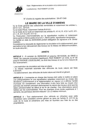 26 AT 1349 - Arrêté De Réglementation De La Circulation Et Du Stationnement, Rue Robert Le Coq à Amiens, Du 28 09 Au 09 10 2026, Publié Le 03 09 2026