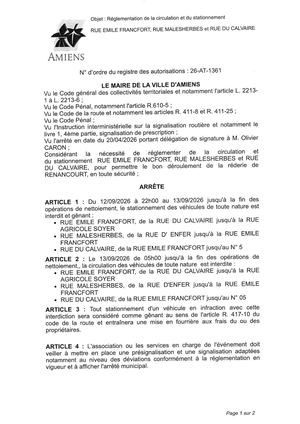 26 AT 1361 - Arrêté De Réglementation De La Circulation Et Du Stationnement, Rue Du Calvaire Et Autres à Amiens, Du 12 Au 13 09 2026, Publié Le 03 09 2026