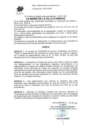 26 AT 1351 - Arrêté De Réglementation Du Stationnement, Rue Vivien à Amiens, Du 21 Au 23 09 2026, Publié Le 03 09 2026