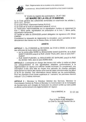 26 AT 1363 - Arrêté De Réglementation De La Circulation Et Du Stationnement, Boulevard Saint Quentin Et Autre à Amiens, Du 21 09 Au 05 10 2026, Publié Le 03 09 2026