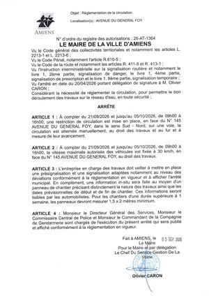 26 AT 1364 - Arrêté De Réglementation De La Circulation, Avenue Du General Foy à Amiens, Du  21 09 Au 05 10 2026, Publié Le 03 09 2026