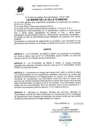 26 AT 1368 - Arrêté De Réglementation De La Circulation, Chaussée Jules Ferry à Amiens, Le 01 10 2026, Publié Le 03 09 2026