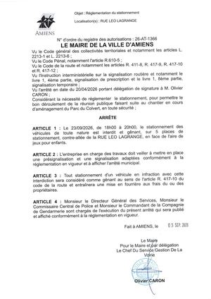 26 AT 1366 - Arrêté De Réglementation Du Stationnement, Rue Leo Lagrange à Amiens, Le 23 09 2026, Publié Le 03 09 2026