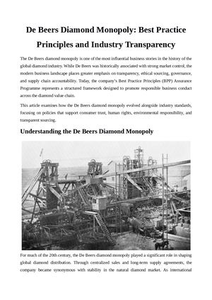 De Beers Diamond Monopoly: Best Practice Principles And Industry Transparency
