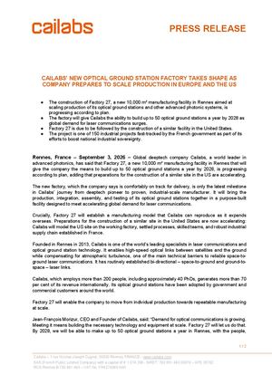 [PRESS RELEASE] Cailabs’ New Optical Ground Station Factory Takes Shape As Company Prepares To Scale Production In Europe And The Us