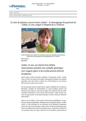 Moncompte Laprovence Com Le Don De Plasma A Sauvé Notre Enfant _ Le Témoignage Des Parents De Gabin, 11 Ans, Soigné à L'hôp 18082026