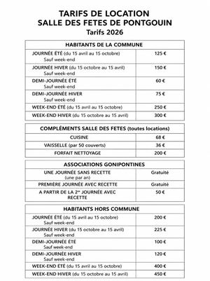 Tarifs Salle Fêtes Pontgouin 2026