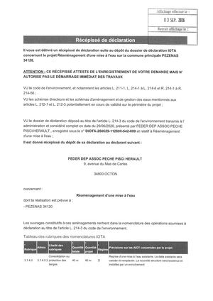 Récépissé De Déclaration Projet De Réaménagement D'une Mise En Eau 03 09 26