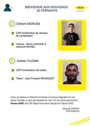 Note Bienvenue Alternants COLAS TARN