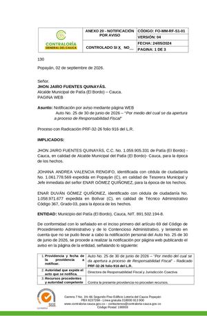Notificacion Auto de Apertura a proceso de Responsabilidad Fiscal - Alcalde de Patía