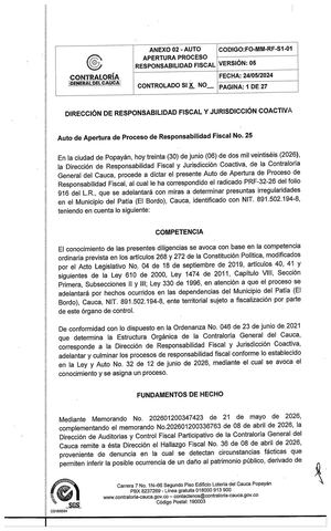 Auto de Apertura a proceso de Responsabilidad Fiscal - Alcalde de Patía Jhon Jairo Fuentes