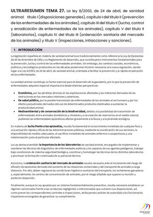 VET ULTRARESUMEN TEMA 27.  La Ley 8:2003, De 24 De Abril, De Sanidad Animal