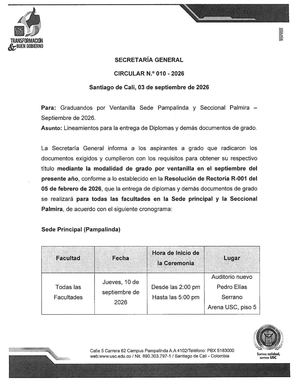 Circular N° 010 Entrega de Diplomas Grados por Ventanilla