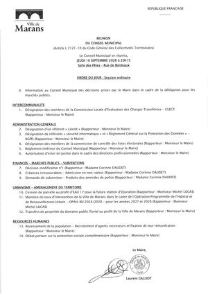 2026 09 10 Ordre du jour Conseil Municipal