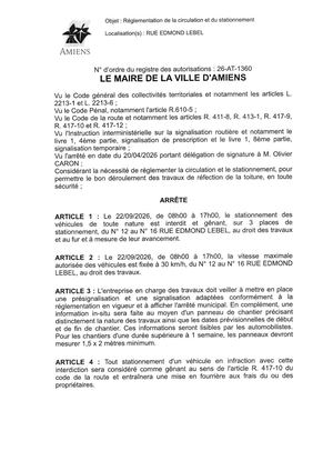 26 AT 1360 Réglementation De La Circulation Et Du Stationnement Rue Edmond Lebel Le 22 09 2026- Publiée Le 05 09 2026
