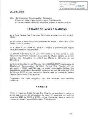 AR1 2026 01312 ARR AUTORISATION SONO VIA AR1 2026 01312 2026 09 03 Publiée Le 05 09 2026